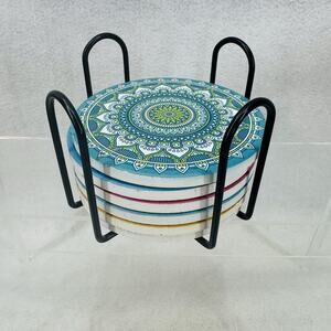 Mandala Drink Coasters with Holder 6 Set Ceramic Boho Coaster Drinks Absorbent